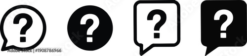 A series of four black question mark icons in various shapes on a clear white canvas