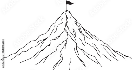 Mountain Peak with Flag - Achievement of Goal Hand-drawn Sketch Drawing Vector Illustration, Line Linear Symbol Engraving for Coloring Book, Black and White, Isolated
