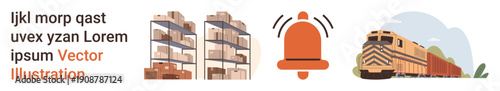 Logistics, warehousing, transportation, supply chain, notification systems, freight. Warehouse shelves, bell icon train. Logistics and warehousing efficient supply chains and inventory management