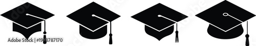 Multiple black graduation cap icons with tassels representing academic achievement and educational milestones