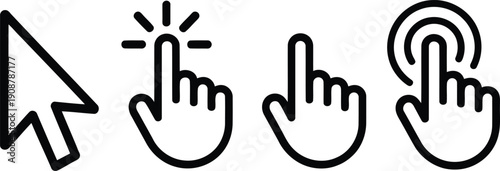 Outlined black mouse cursor and hand click icons for modern digital interface elements and actions