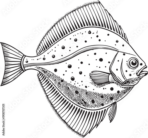 Plaice Fish (Flatfish) Hand-drawn Sketch Drawing Vector Illustration, Line Linear Symbol Engraving for Coloring Book, Black and White, Isolated