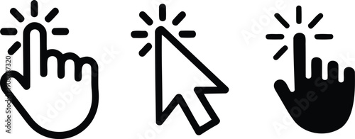 Three distinct black click icons with glowing finger and cursor symbols for digital interaction