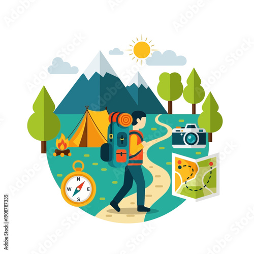 Backpacker hiking with backpack, tent, compass, camera, map, mountains, sun