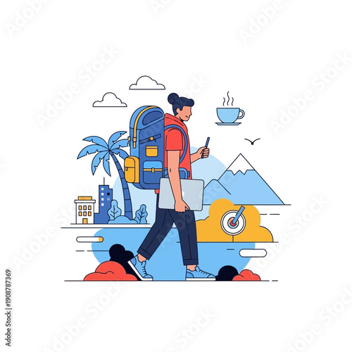 Backpacking traveler with laptop and phone on a journey