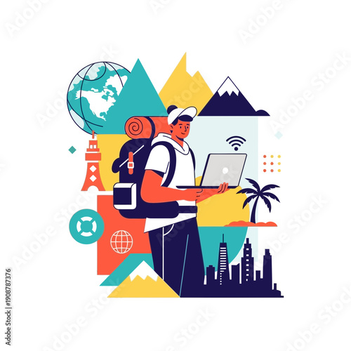Digital nomad with laptop and backpack, traveling the world with technology