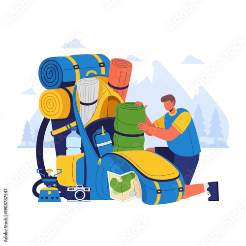 Man packing backpack for outdoor adventure, camping gear, mountains background
