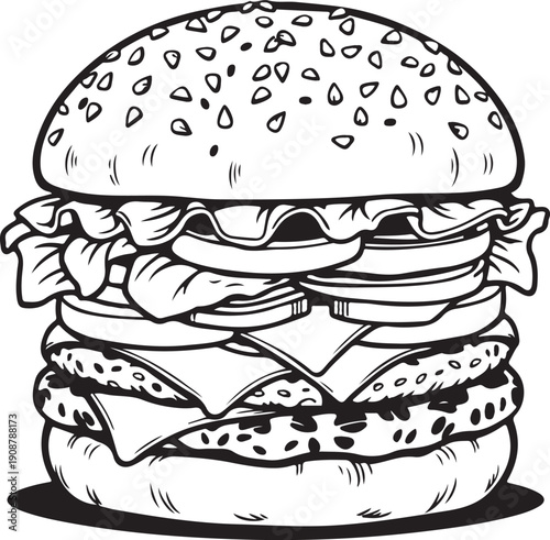 Smash burger Hand-drawn Sketch Drawing Vector Illustration, Line Linear Symbol Engraving for Coloring Book, Black and White, Isolated