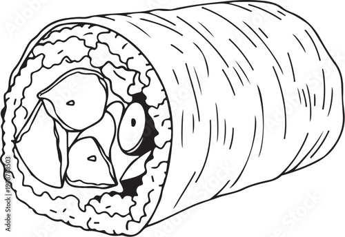Sushi burrito Hand-drawn Sketch Drawing Vector Illustration, Line Linear Symbol Engraving for Coloring Book, Black and White, Isolated