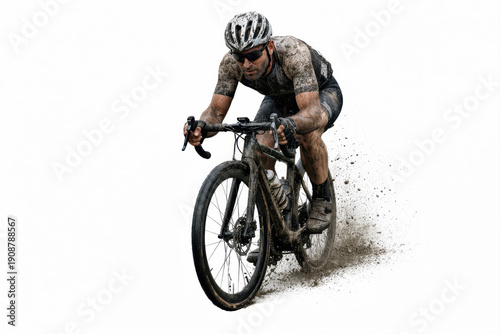 Competitive cyclist riding a muddy racing bike in high speed action isolated on white background capturing endurance strength racing performance and outdoor sports determination and grit