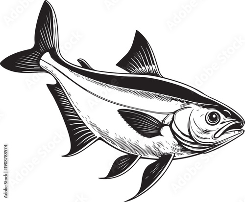 Swai (Pangasius) Fish Hand-drawn Sketch Drawing Vector Illustration, Line Linear Symbol Engraving for Coloring Book, Black and White, Isolated