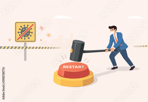 Restart business after Coronavirus COVID-19 lockdown, reopen company employee return normal operation concept, businessman leader wearing face mask use huge hammer to hit emergency restart button.