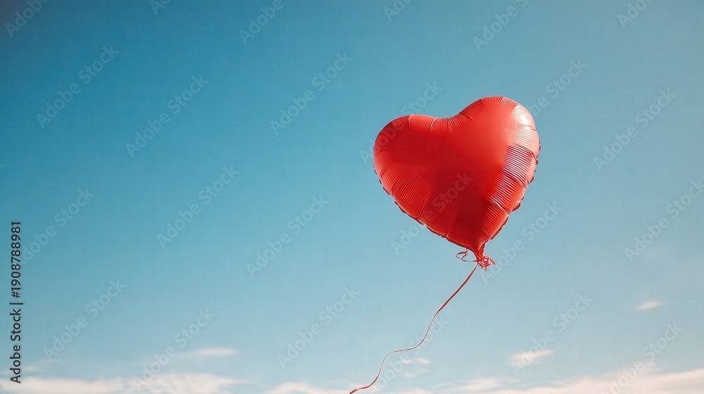 Fototapeta premium Bright red heart shaped balloon floats freely against a clear blue sky