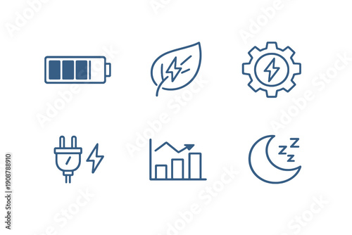 Power management line icon set with six editable stroke vector symbols. Clean outline style for energy control, efficiency monitoring and performance optimization interfaces.