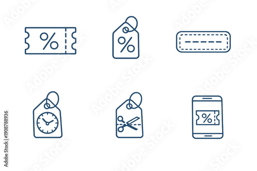 Coupons and discounts line icon set with six editable stroke vector symbols. Clean outline style for sales, promotions, vouchers and ecommerce web interfaces.