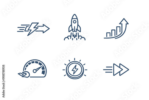Set of six boost and acceleration icons in line style. Editable stroke vector collection designed for UI, performance tuning, speed tools and productivity platforms.