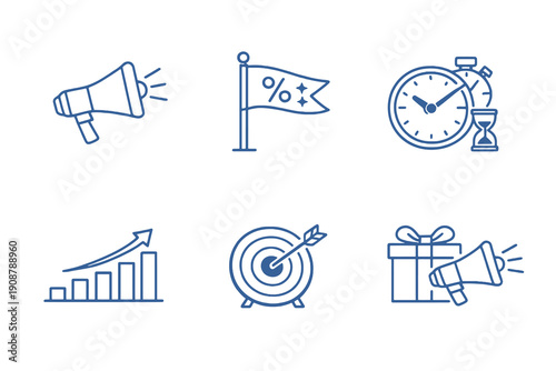 Set of six promotion and marketing campaign icons in line style. Editable stroke vector collection designed for UI, sales campaigns, ecommerce promotions and digital marketing platforms