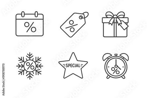 Seasonal offers line icon set with six editable stroke vector symbols. Clean outline style for holiday sales, limited deals and seasonal promotion web interfaces.