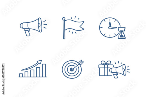 Promotions and campaigns line icon set with six editable stroke vector symbols. Clean outline style for marketing actions, sales campaigns and promotional web interfaces.