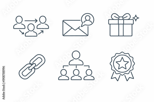 Referral program line icon set with six editable stroke vector symbols. Clean outline style for user referrals, affiliate systems, bonuses and growth web interfaces.