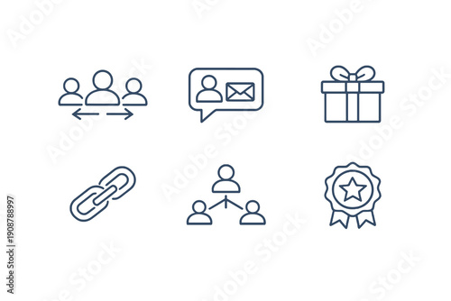 Set of six referral marketing and affiliate icons in line style. Editable stroke vector collection designed for UI, growth strategies, invitation systems and digital marketing platforms.