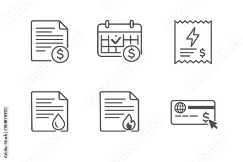 Set of six utility billing and payment icons in line style. Editable stroke vector collection designed for UI, billing systems, property management and service platforms.