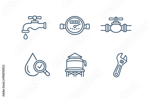 Set of six water supply and plumbing service icons in line style. Editable stroke vector collection designed for UI, utility dashboards, property services and infrastructure platforms.