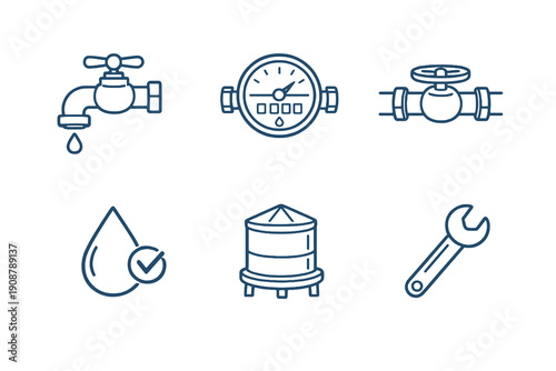 Water supply line icon set with six editable stroke vector symbols. Clean outline style for water services, meters, plumbing systems and utility management interfaces.