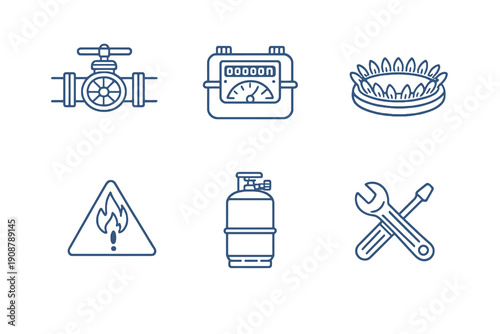 Set of six gas supply and maintenance icons in line style. Editable stroke vector collection designed for UI, utility dashboards, infrastructure services and safety platforms.