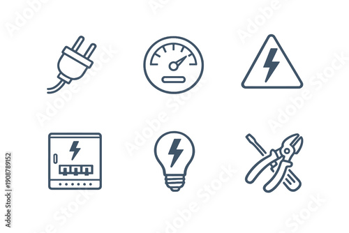 Electricity services line icon set with six editable stroke vector symbols. Clean outline style for power supply, meters, maintenance and utility management interfaces.