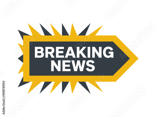 A breaking news icon with a bold, yellow, and black design on a transparent background