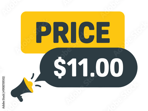 A vector graphic illustration of a megaphone announcing a price of $11.00 in a modern flat design style.