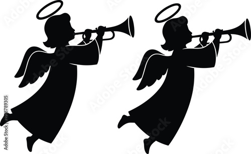 Angel trumpet silhouette set illustration, flying cherub figures blowing horn, religious holiday symbol for Christmas cards, memorial designs, church decorations, minimalist vector artwork