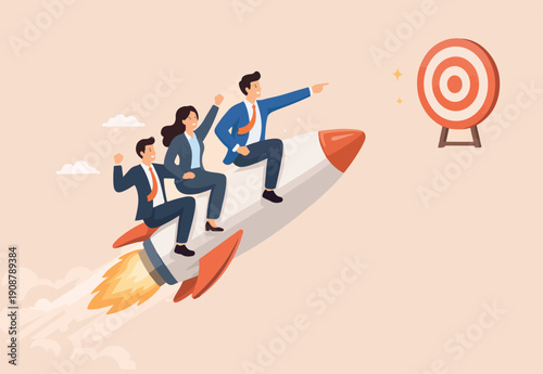 Team target achievement, reaching goal or success, teamwork strategy, challenge or aspiration to win together, leadership to lead team concept, business people riding rocket reach target bullseye.