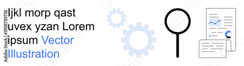 Data analysis, process management, information search, technology development, business solutions, documentation tools. Magnifying glass, gears and documents in focus. Data analysis and process