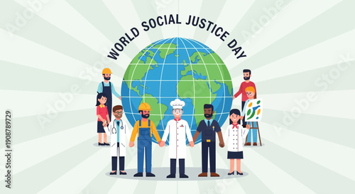 Diverse Professionals Holding Hands Around Globe for World Social Justice Day