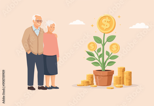 Retirement pension fund, investment profit or earning for retiree, 401k or savings and senior financial planning, wealth management concept, elderly couple, grandpa look money growth plant profit