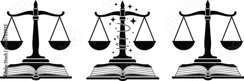 Justice scales icons on open book set, black and white legal symbols for law firm branding, court education, balance concept vector illustration collection