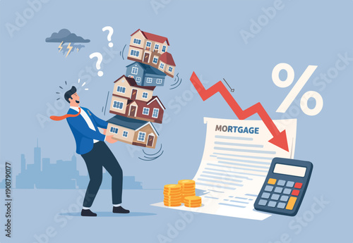  Housing investment risk, uncertainty of property mortgage loan and interest rate, real estate debt, buying too many houses concept, tried businessman balancing unstable stack of houses bought.