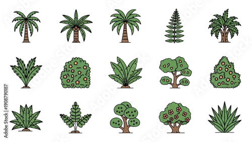 A diverse collection of pixel art trees and plants, perfect for retro game environments and digital nature scenes