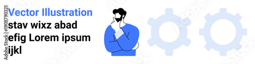 Innovation, decision-making, education, teamwork, problem analysis, strategy. Male figure thinking, text elements and two gear icons. Innovation and decision-making concept