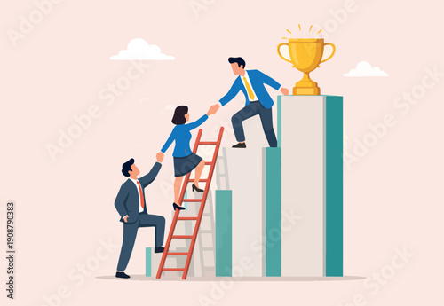  Partnership help success, support or mentor to assist to achieve goal and win together, teamwork, trust or leadership concept, businessman help colleagues to climb ladder step on winning trophy