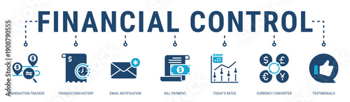 Financial Control web banner icon vector illustration featuring Transaction Tracker, Transaction History, Email Notification, Bill Payment, Today�s Rates, Currency Converter and Testimonials