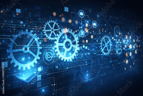 AI generated digital automation system with connected gears data flow analytics and intelligent technology powering scalable enterprise infrastructure