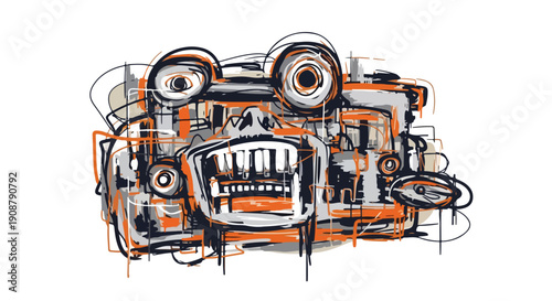 Digital illustration of an abstract vehicle with orange, black, and white lines on a white background in a graphic style.