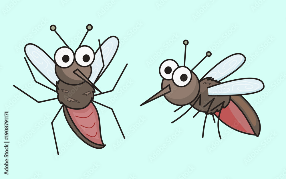 Fototapeta premium illustration of cute cartoon mosquito with big eyes and soft brown red colors on light blue background. Suitable for malaria awareness education posters and health campaigns.