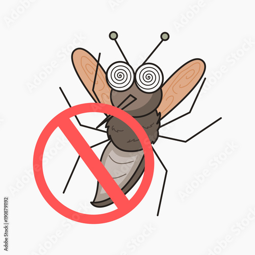 Flat illustration of mosquito with no sign symbol. Clear visual style. Suitable for malaria prevention graphics, health warnings, and disease control campaigns.