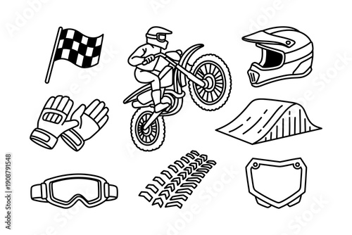 Motocross rider gear and racing equipment icons set in outline line art style. Helmet, gloves, goggles, track ramp, front accessories, flags. Vector Illustration