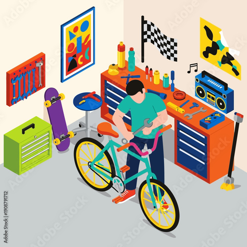Man repairing bicycle in a colorful workshop with various tools.