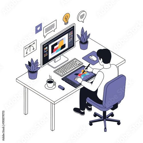 Graphic designer working on a colorful digital project at a modern desk.